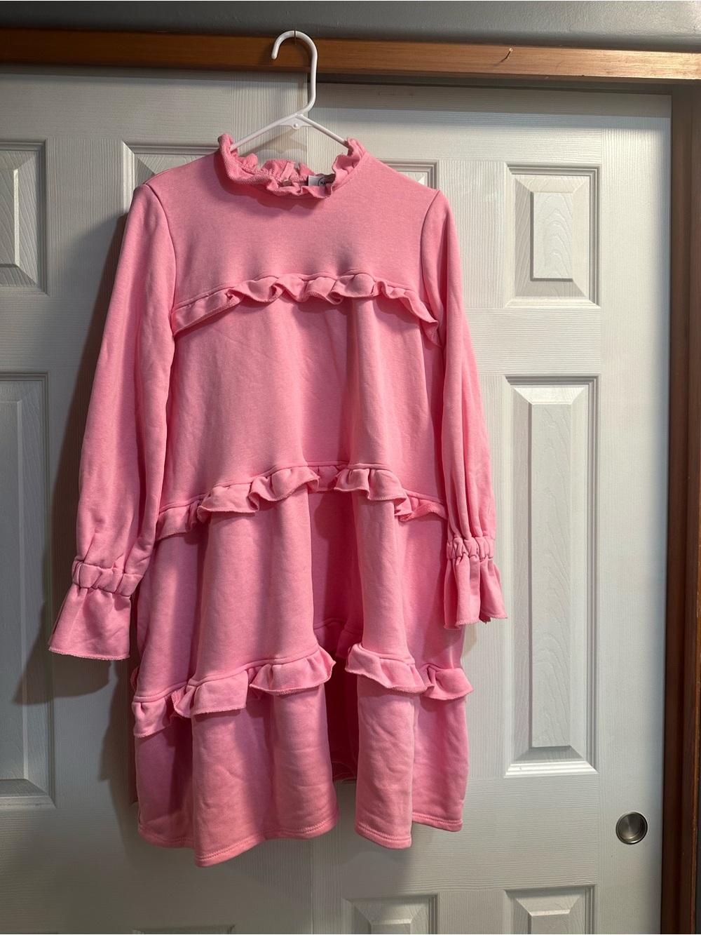 Soft Pink Ruffle-Tier Midi Dress with Long Sleeves